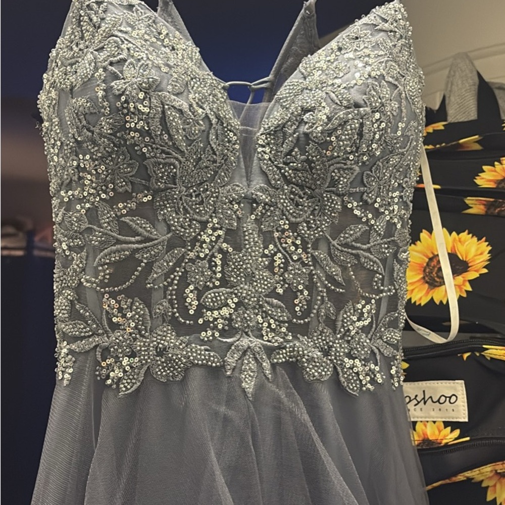 Camille La Vie Silver Gray Beaded Prom Gown